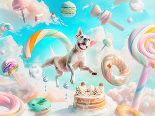 ice cream fantasy pastel , cat and dog in bakery land, soft Pastel sweet and flower on sky, dog and cat flying in candy land