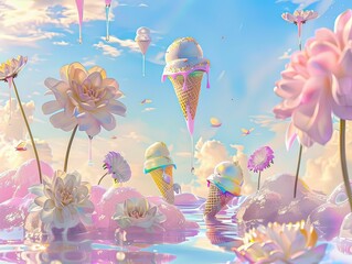ice cream fantasy pastel , cat and dog in bakery land, soft Pastel sweet and flower on sky, dog and cat flying in candy land