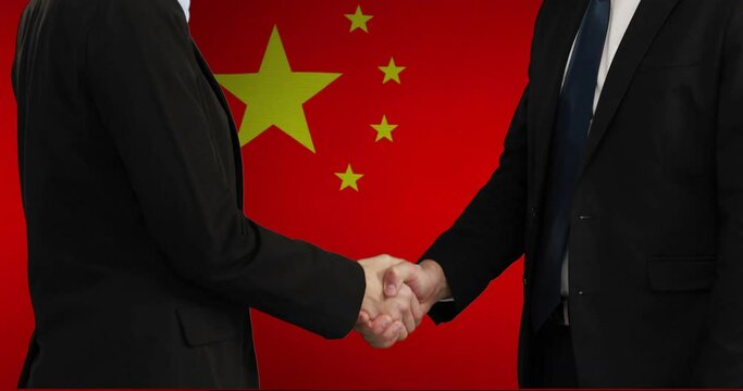 Animation of two caucasian businessmen shaking hands over flag of china