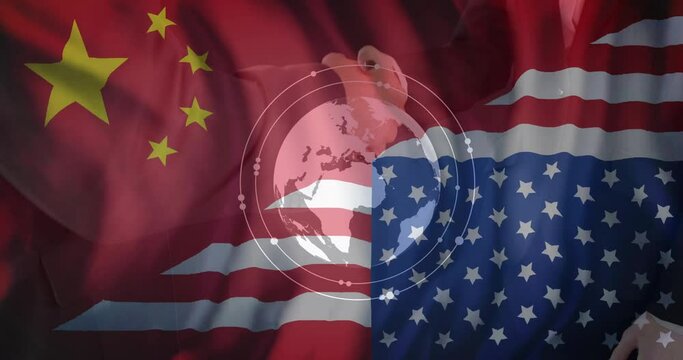 Animation of scanner, globe and hand moving over flags of china and america