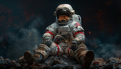 Fototapeta premium the astronaut on a dark background, in the style of post-apocalyptic backdrops. Generative AI