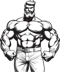 The Inked Goliath A Towering Tribute to Muscular Might Irony in Ink Flexing with a Grin, Bodybuilder Caricature