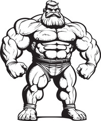 Irony in Ink Flexing with a Grin, Bodybuilder Caricature Muscles and Mirth Caricatured Colossus in Black and White