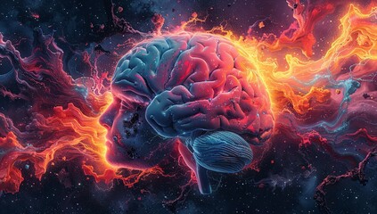 the brain is shown with a colorful illustration, in the style of surrealistic urban, split toning, graphic design poster art, colorful explosions. Generative AI