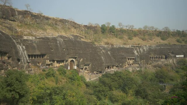 Panoramic view of The Ajanta caves monuments, Maharashtra, India