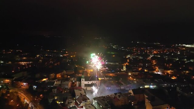 Amazing fireworks at night in Svitavy, the city of the Czech Republic, Europe