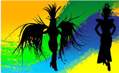 samba, baile, brasil, danza, carnaval, silueta, color, vector, pegatina, plumas, traje,  ilustracion, angel, diablo, pareja