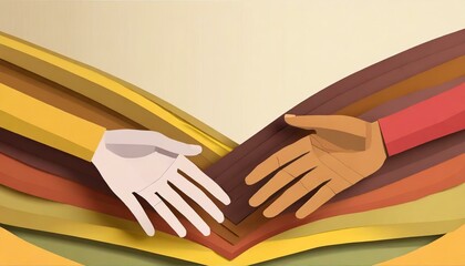 two different diverse paper hands reaching across towards each other, cooperation, unity, friendship, partnership, working together.