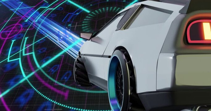 Animation of futuristic white car over scanner, lights and interface screen on black