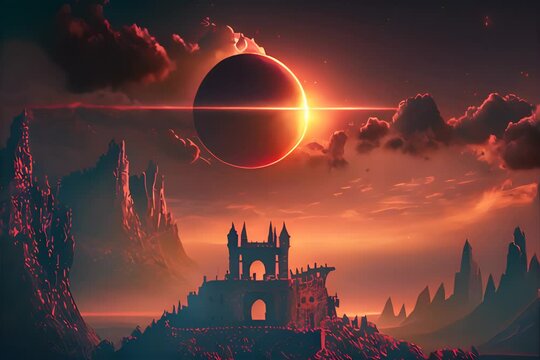 red sky and old castle with towers on the hills. Magic castle with moon eclipse footage Landscape of mountains and forest. nature and acient architecture. scenery of castle of thorn with solar eclipse