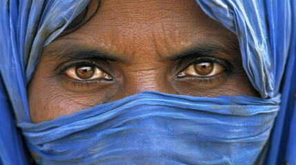Fototapeta premium Portrait of an old Muslim woman with piercing brown eyes and wiearing a blue niqab.