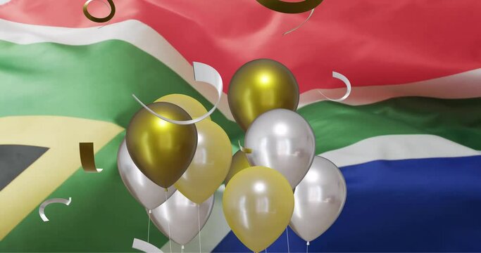 Animation of confetti and balloons over white rugby ball and flag of south africa
