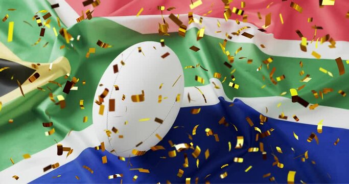 Animation of confetti over white rugby ball and flag of south africa