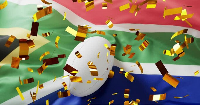 Animation of confetti over white rugby ball and flag of south africa