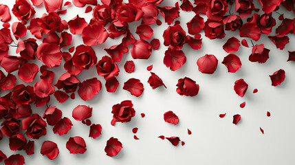 Romantic Red Rose Petals on Flat White Background