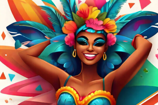 Popular Event in Brazil. Festive Mood. Carnaval Title With Colorful Party Elements Saying Come to Carnival. Travel destination. Brazilian Rythm, Dance and Music. portrait of a woman in carnival mask.