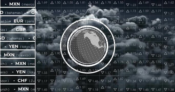 Animation of globe with data processing over cloud background