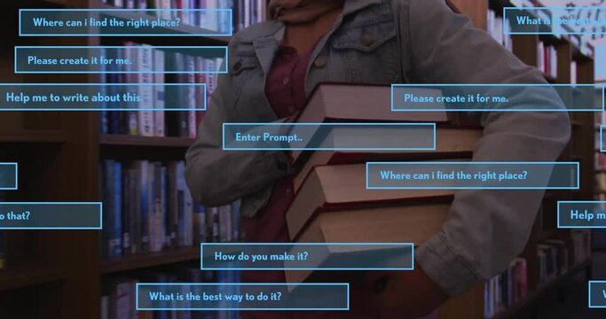 Animation of ai text and data over biracial female student in hijab with books - Powered by Adobe