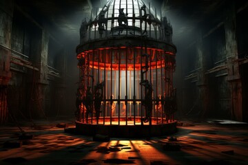 Prisoner cage prison portrait. Sad behind lock metal iron security. Generate Ai