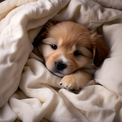 Puppy in bed. A puppy curled up in a doll-sized bed, snuggled under a small blanket. Generative AI.