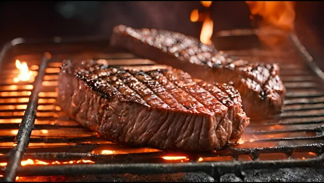 Juicy beef steak is fried on fire coals on iron grill on dark background in flame of smoke. Barbecue in evening, chef turns meat on grill with tongs. cooking dinner in a hot flame. High quality 4k