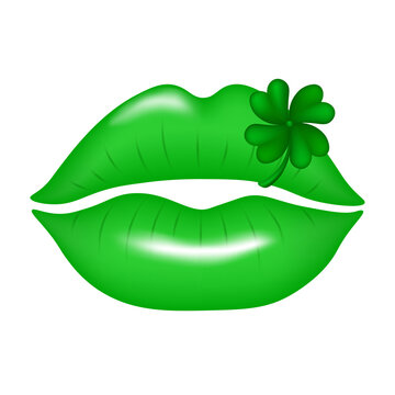 Beautiful 3d green lips with four-leaf clover isolated on transparent background. Flat clipart image. Happy St. Patrick's Day. Vector illustration
