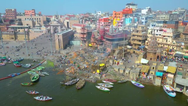 AERIAL view of Dashashwamedh Ghat, Kashi Vishwanath Temple and Manikarnika Ghat Manikarnika Mahashamshan Ghat Varanasi India
