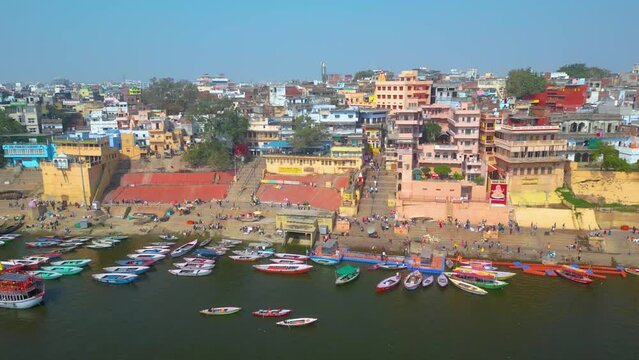 AERIAL view of Dashashwamedh Ghat, Kashi Vishwanath Temple and Manikarnika Ghat Manikarnika Mahashamshan Ghat Varanasi India