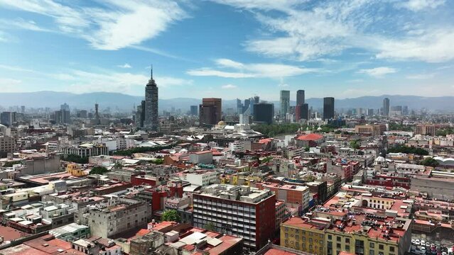 Aerial view around the Historic Downtown skyline of Mexico city, sunny day