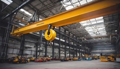 A Massive Overhead Crane Hook Suspended in Mid-Air at a Bustling Industrial Site, Symbolizing the...