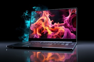 Laptop product photo with abstract screen display. New computer technology advertising photography. Generate ai