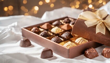 A box of chocolates on the bed.

