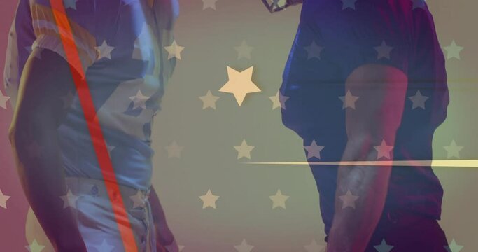 Animation of diverse american football players and flag of usa