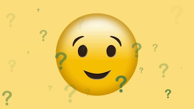 Animation of smiling emoji icon with question marks on yellow background