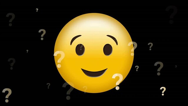 Animation of smiling emoji icon with question marks on black background