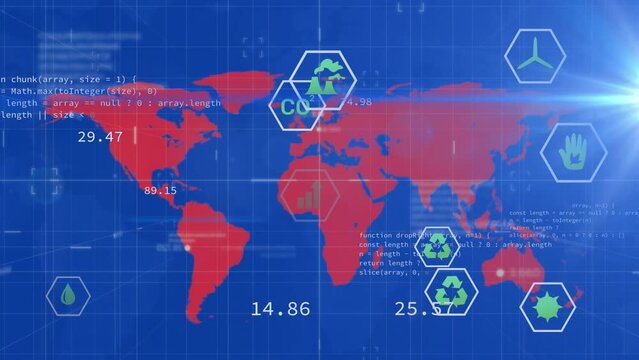 Animation of ecology icons over data processing and world map on blue background