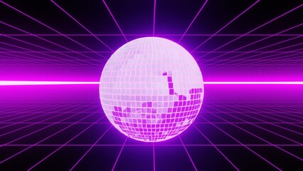  3d abstract retro way with purple pink disco globe ball . Neon 80s 90s colors retrowave chrome road. cyberpunk futuristic background.. Glow and shine laser blue synthwave. Music party Illustration 8k