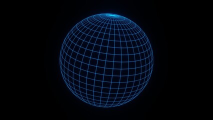 3d render blue wireframe grid sphere glob ball. Retro neon y2k 90s 80s vaprowave retrowave background. Network planet Earth. Illustration 8k futuristic