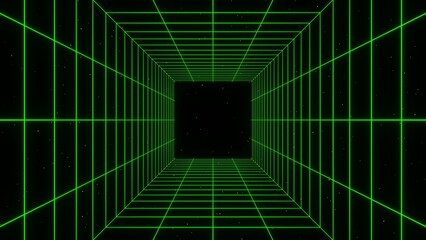 3d retro futuristic green abstract background. Wireframe neon laser swirl grid cube square tunnel lines with stars. Retroway synthwave videogame sci-fi. Illustration 8k