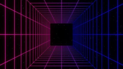 3d retro futuristic blue and pink abstract background. Wireframe neon laser swirl grid cube square tunnel lines with stars. Retroway synthwave videogame sci-fi. Illustration 8k 