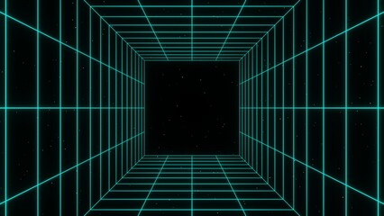Obraz premium 3d retro futuristic aqua blue green abstract background. Wireframe neon laser swirl grid cube square tunnel lines with stars. Retroway synthwave videogame sci-fi. Illustration 8k futuristic