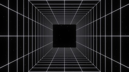 3d retro futuristic black and white abstract background. Wireframe neon laser swirl grid cube square tunnel lines with stars. Retroway synthwave videogame sci-fi. Illustration 8k