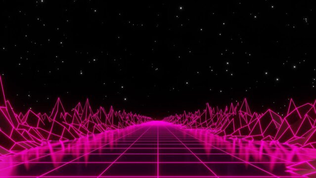 3d pink neon 80s 90s retrowave grid wireframe road. Retro cyberpunk futuristic background. Glow and shine synthwave 4k y2k. Music party disco template poster Animation 30fps loop	
