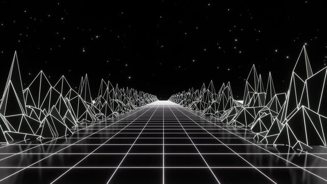 3d black and white neon 80s 90s retrowave grid wireframe road. Retro cyberpunk futuristic galaxy background. Glow and shine synthwave 4k y2k. Music party disco template poster Animation 30fps loop	
