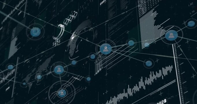 Animation of network of connections with icons and data processing