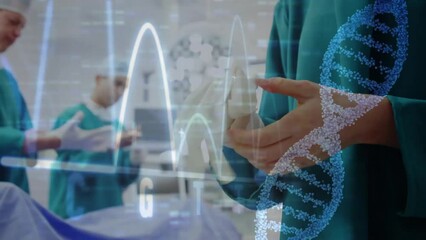 Animation of dna strand and data processing over diverse surgeons in hospital - Powered by Adobe