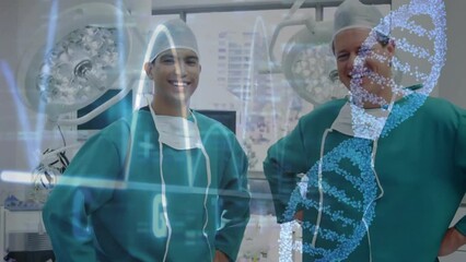 Animation of dna strand and data processing over diverse surgeons in hospital - Powered by Adobe