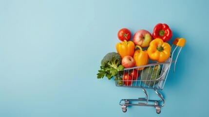 Healthy food Shopping Cart on pastel blue background. Copy space. generative AI