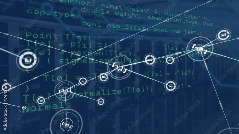 Aufkleber animation of network of connections with icons and data processing over computer servers