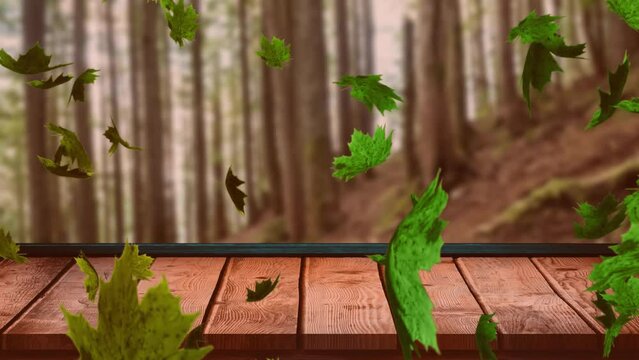 Animation of autumn leaves falling over trees and wooden surface